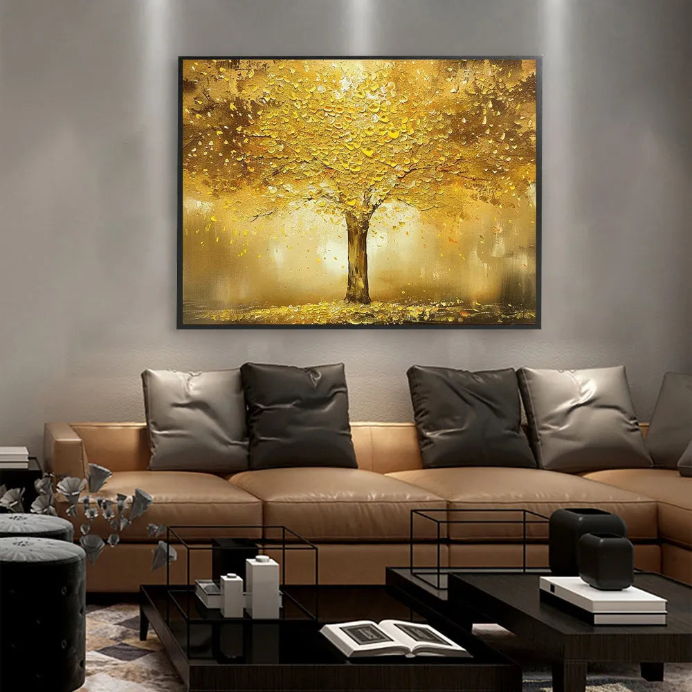 Handmade oil painting of a gold fortune tree on canvas, horizontal orientation, no frame, for living room decor
