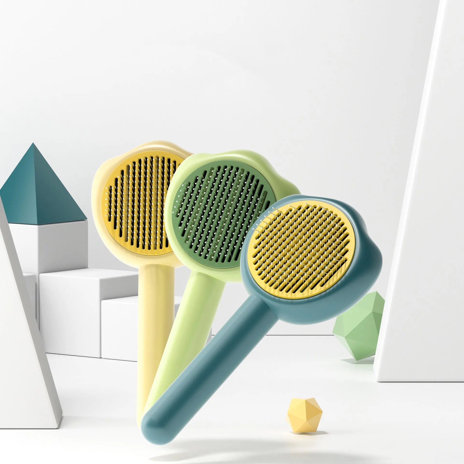 Blue self-cleaning pet grooming comb with needle pins for cats and small dogs, showing its 183mm size.