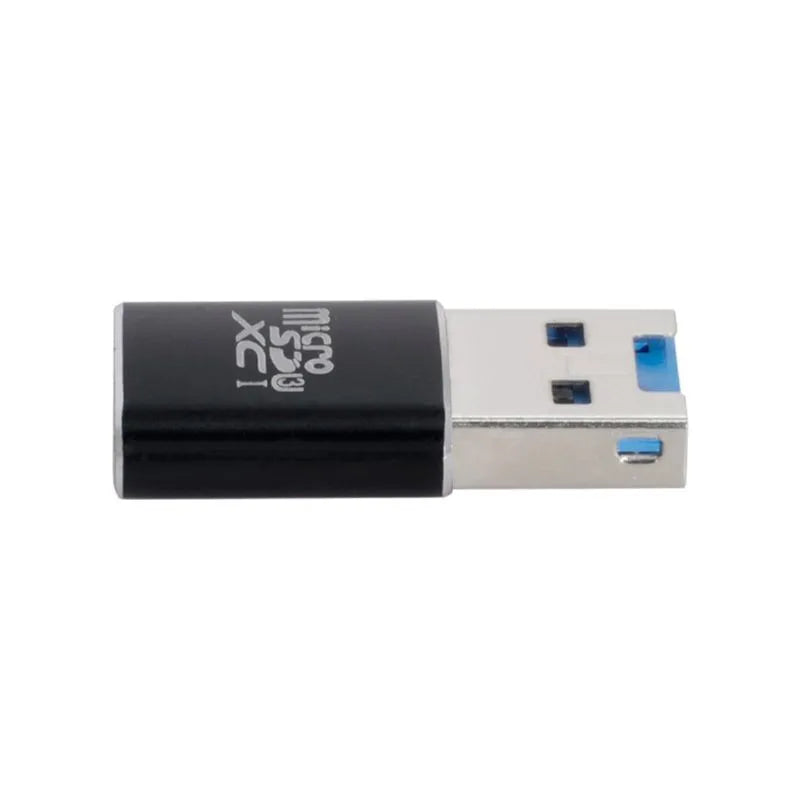 Black USB 3.0 micro SD memory card reader with CRMS001 model label.