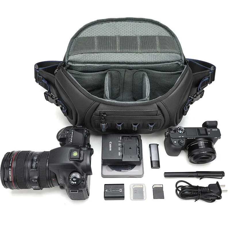 Black waterproof oxford cloth DSLR camera shoulder bag with chest carry strap