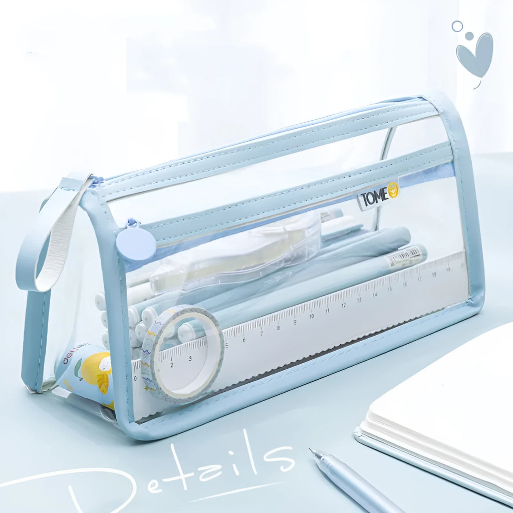 Large transparent double-layer pencil case in blue showing two compartments for exam stationery.