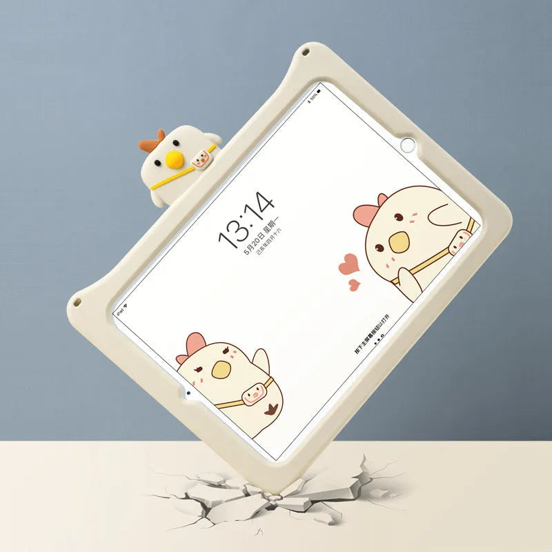 Silicone iPad cover for children with cartoon Backpack Chicken design and frame-type edge protection